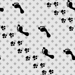 Footprint man, animal seamless pattern. Imprint on white background. Fashion graphic design. Modern abstract texture. Monochrome template for prints, wrapping, wallpaper. Vector illustration.
