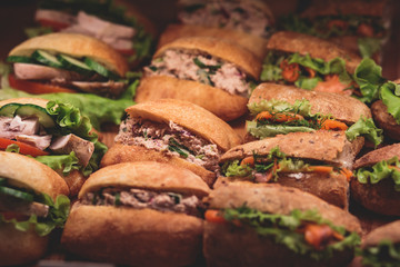Beautifully decorated catering banquet table with different food snacks and appetizers with sandwich, on corporate christmas birthday kids party event or wedding celebration