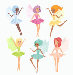 Magic pixies flat vector illustrations set. Cute fairies isolated on white background. Mythical elves floating in air. Different graceful girls with wings. Beautiful flying magical creatures.