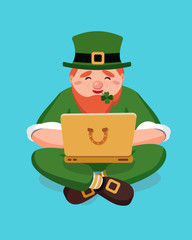 Blogger leprechaun Saint Patrick answers incoming letters and luck wishes in a laptop and sits on blue background isolated. Vector illustration. March seasonaly online sale for St. Patrick's Day
