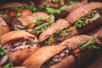 Beautifully decorated catering banquet table with different food snacks and appetizers with sandwich, on corporate christmas birthday kids party event or wedding celebration