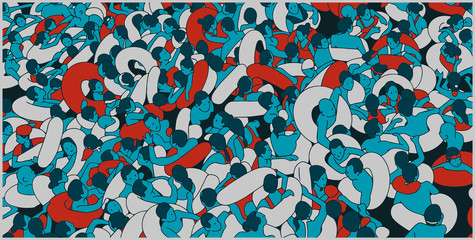 Illustration of crowded beach, tourists and locals enjoying summer holiday break