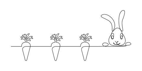 Cartoon border with carrots and cute little bunny rabbit peeking out in continuous line art drawing style. Black linear sketch isolated on white background. Vector illustration