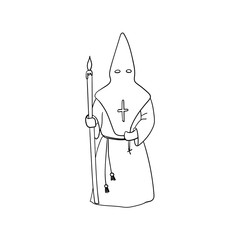 Spanish Passion Week's penitent wearing traditional clothes: pointed hat, robe and cape with a rosary in one hand and a long lit candle in the other. Outline illustration. Holy week.