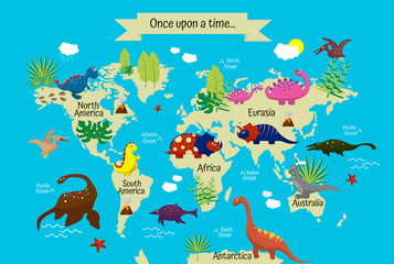 Cartoon multi-colored dinosaurs on world map for children, wallpaper, decor, textiles © Elena