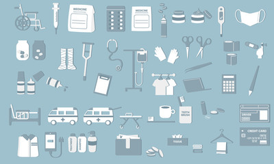 医療　病院　入院　イラスト　ベクター　アイコン　シンボル　クリップアート　青　セット