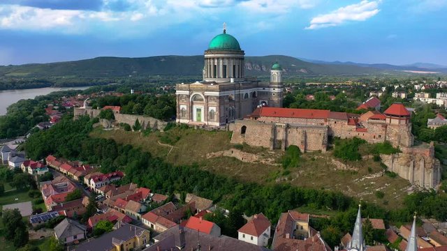Aerial view of the panorama of Esztergom, Hungary - 4K drone footage of Esztergom basilica and the River Danube.