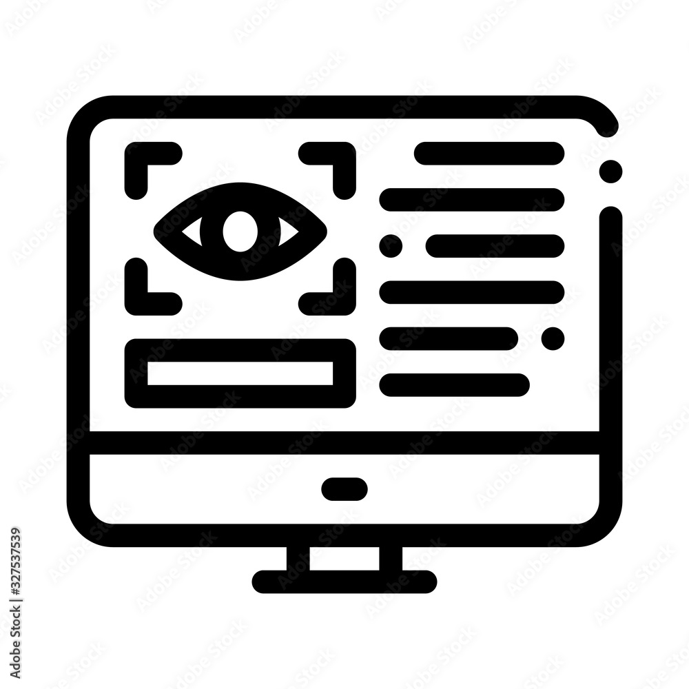 Poster optometry online information icon thin line vector. eye and info on computer display optometry info 