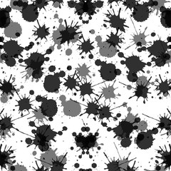 Black ink splashes and drops. Different handdrawn spray design elements. Blobs and spatters. Isolated vector illustration