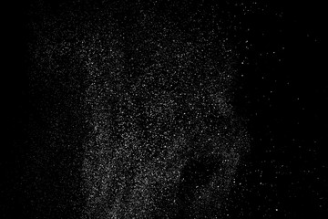 White Grainy Texture Isolated on Black Background. Dust Overlay. Light Coloured Noise Granules. Snow Vector Elements. Digitally Generated Image. Illustration, Eps 10.