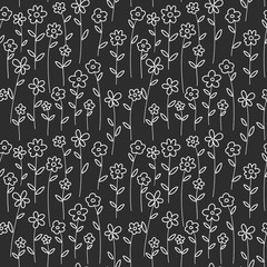 White outline flowers seamless pattern on black background.