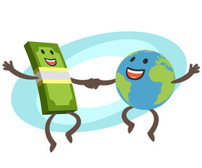 Let's dance! Money Character and Planet Earth Character dancing. Financial and commercial component of tourism.