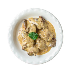 liver cream stew, creamy sauce (chicken liver, healthy diet eating) keto or paleo diet menu concept background. top view. copy space for text