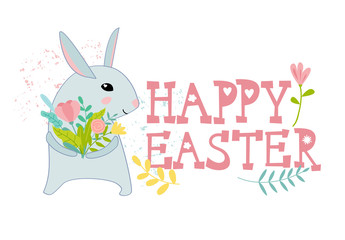 Happy Easter card with cute bunny rabbit and spring flowers