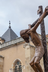 Leon, Spain. 4/19/2019. Pass in the Holy Week of Leon known as Santisimo Cristo de la Agonia, that leaves on Holy Friday. It is in the Square of San Isidoro - obrazy, fototapety, plakaty