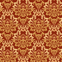 Seamless damask classic pattern with leaves and flowers. Traditional ethnic ornament. Vector print.