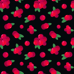 Fototapeta na wymiar Vector seamless pattern with cranberries; berries on black background for fabric, wallpaper, packaging, textile, web design.