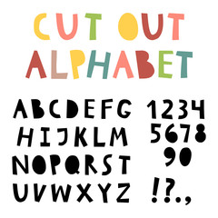 Cute cut out alphabet with numbers and punctuation marks. Set of black vector letters.