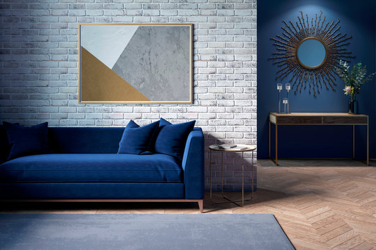 The interior of a modern living room with a dark blue sofa next to a brick wall on which a horizontal poster hangs, in the background you can see a mirror above the cabinet with flowers. 3d render