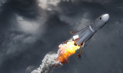 Naklejka na ściany i meble rocket on cloud sky background, 3d illustration