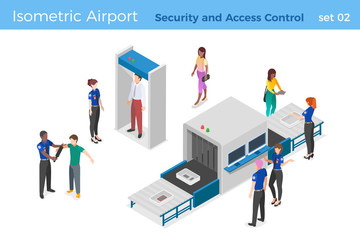 Security checks people and baggage Access Control area to flight Airport terminal isometric vector illustration