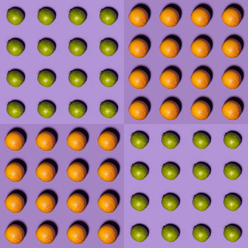 Orange and lime pattern on violet background. Creative food concept. Flat lay.