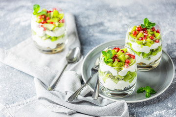 Healthy meal made of granola, yogurt and kiwi fruits. Delicious food for breakfast. Traditional American snack.