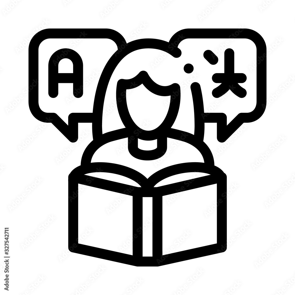 Canvas Prints Woman Learning Language Icon Thin Line Vector. Girl With Dictionary Reading Book For Study Foreign Language Concept Linear Pictogram. Black And White Outline Sign Isolated Contour Symbol Illustration