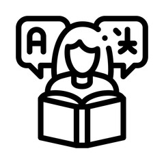 Woman Learning Language Icon Thin Line Vector. Girl With Dictionary Reading Book For Study Foreign Language Concept Linear Pictogram. Black And White Outline Sign Isolated Contour Symbol Illustration