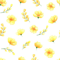 illustration watercolor seamless pattern of of yellow flowers and twigs with flowers on a white background. spring summer mood. for cards, design, fabric, paper.