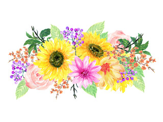 Watercolor illustration sunflower gerbera cosmos rose Botanical leaves collection bouquet arrangements hand painted on white