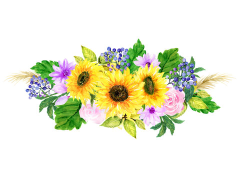 Watercolor illustration sunflower gerbera cosmos rose Botanical leaves collection bouquet arrangements hand painted on white