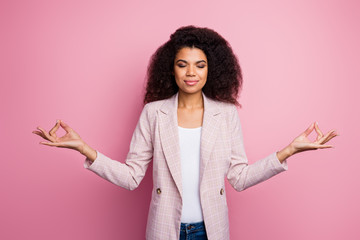 Photo of beautiful dark skin business lady hold fingers om position think mantra eyes closed...