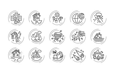 Natural disasters black line icons set. A major adverse event resulting from natural processes of the Earth. Pictogram for web page, mobile app, promo. UI UX GUI design element.