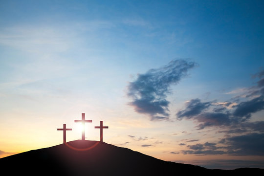 Three cross on the hill, Jesus Christ from the Bible. Easter, Religion. Salvation of sins, sacrifice