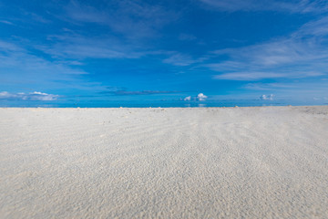 Tropical beach view. Calm and relaxing empty beach scene, blue sky and white sand. Tranquil nature concept