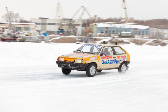 KHABAROVSK, RUSSIA - March 7, 2015: Lada 2108 at winter ice track race