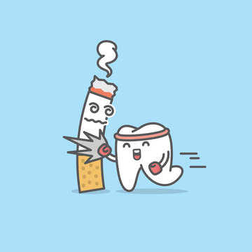 Dental cartoon of a tooth hit a cigarettea illustration cartoon character vector design on blue background.  Dental care concept.