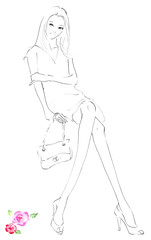 脚を組み片腕を抱く女性　線画