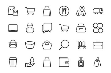 A simple set of bags, shopping and travel icons. Vector illustration Contains icons such as Card, wallet, shopping basket, discount, bowl, package. On a white background, editable stroke. 48x48 pixels