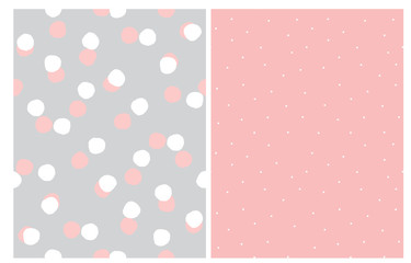 Abstract Hand Drawn Dotted Seamless Vector Patterns. White and Pink Dots Isolated on a Light Gray Background. White Tiny Dots on a Blush Pink Layout. Simple Geometric Irrgeular Vector Prints.