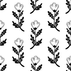 Set of flat flower icons in silhouette isolated on white. Simple retro designs in black and white.