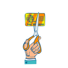 Cutting credit card. Debit card account closing. Man holding scissors in hand, cutting bank card. Reduce cost. Vector illustration sketch design. Isolated on background.