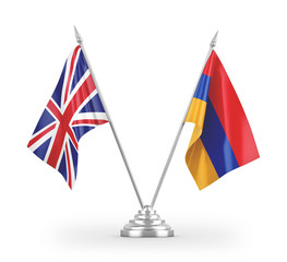 Armenia and United Kingdom table flags isolated on white 3D rendering