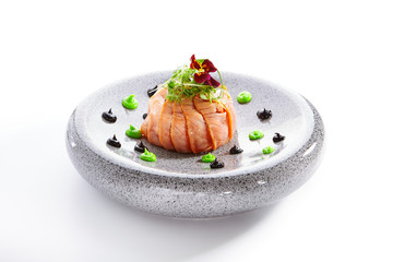 Salmon olivier salad with sauces