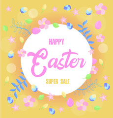 Colorful Happy Easter greeting card with rabbit, bunny, spring flowers and text. Sale banner with Colorful Eggs. Vector illustration.