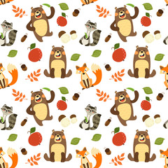 Seamless pattern with cute forest animals. Vector pattern.