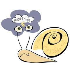 Slow brainstorming snail generating ideas under a big cloud with lightening between his eyes, Vector illustration, Grouped objects and separate layers. EPS10, suitable for emoticon