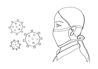 Girl protects herself from viruses with a mask. Drawn by hand in one line. Isolated stock vector illustration.