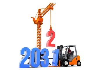 3D illustration of number 2032 with forklift and crane